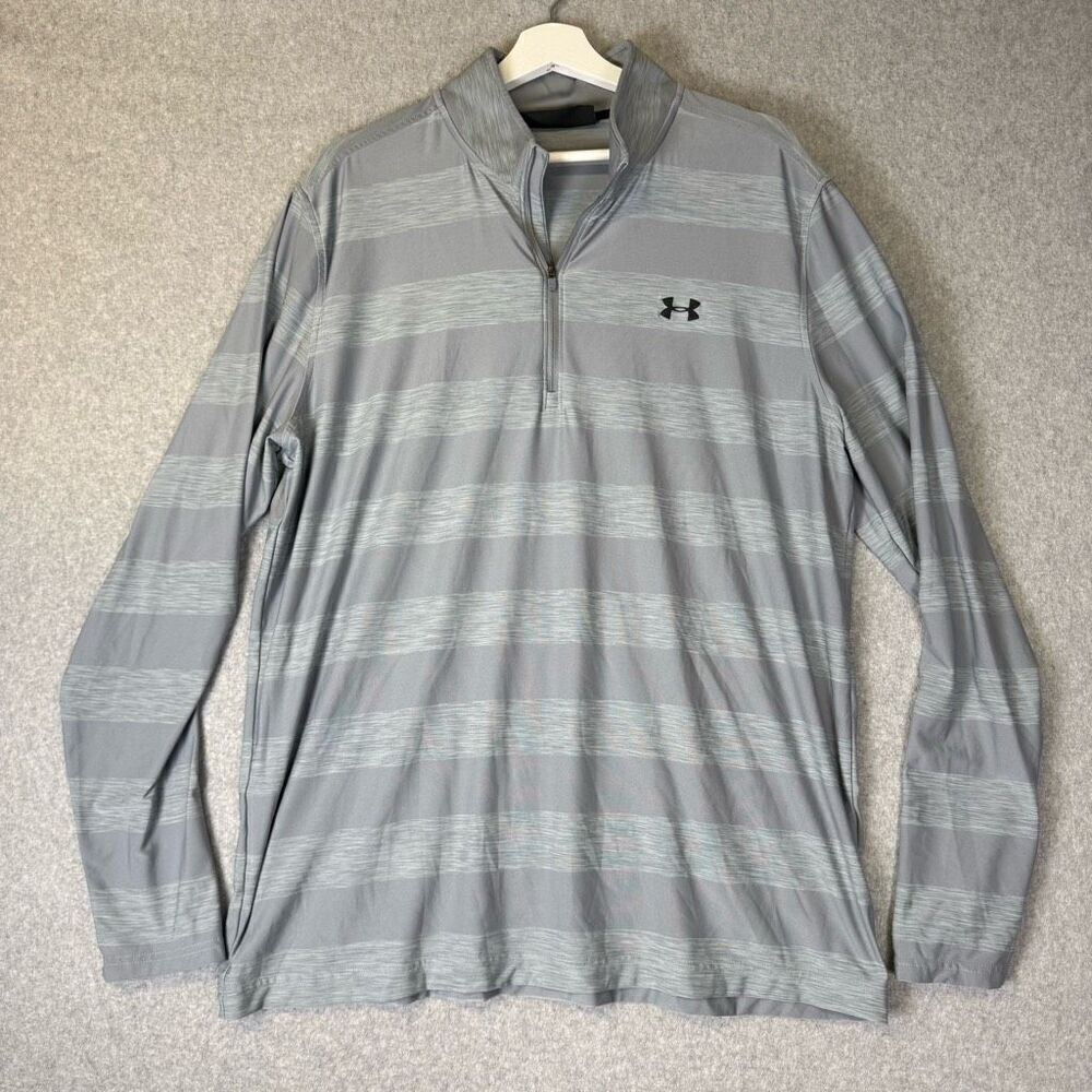 Under Armour Mens XL Loose Fit Athletic Pullover Shirt Gray Stripe Quarter Zip